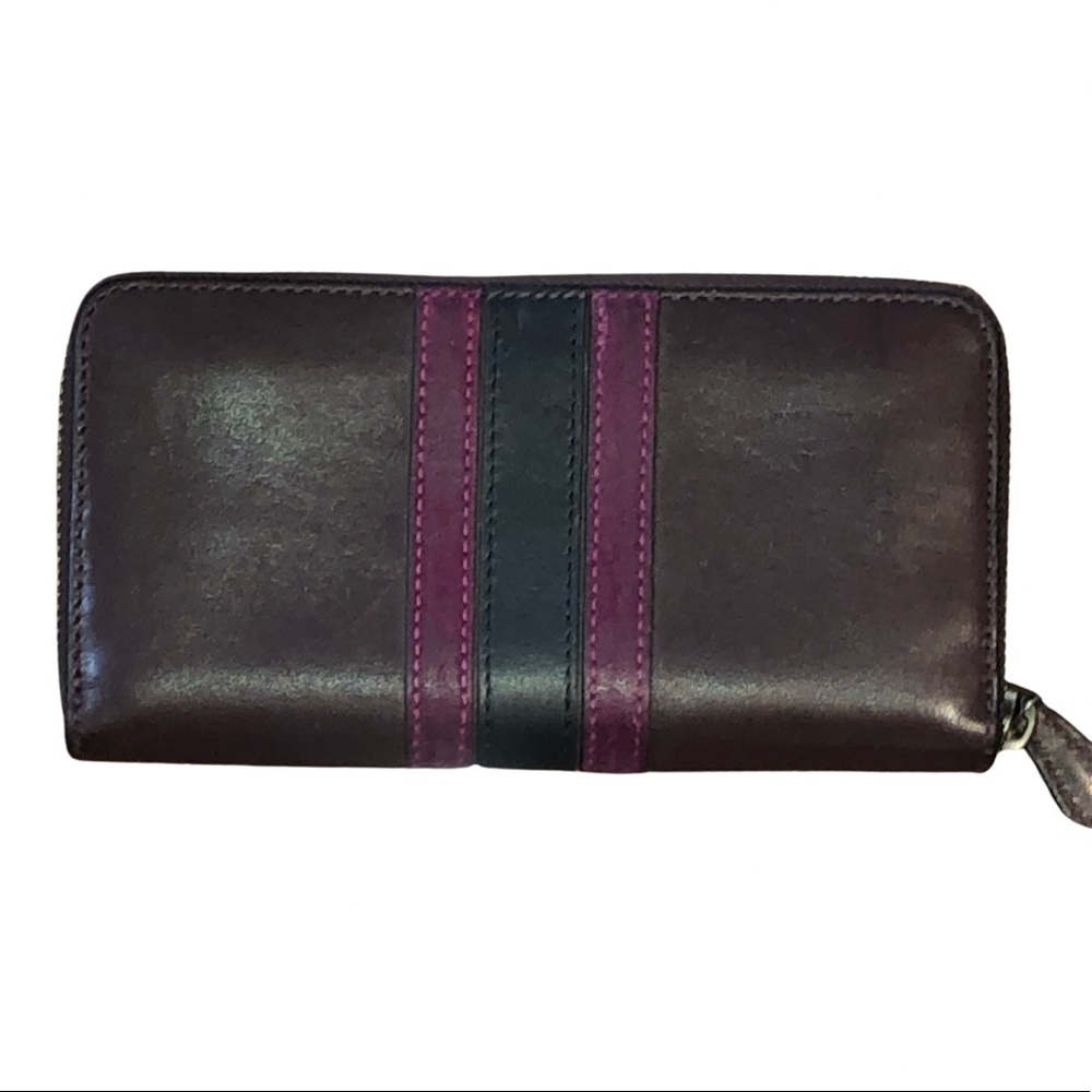 Coach Brown Wallet with Pink and Green Stripes